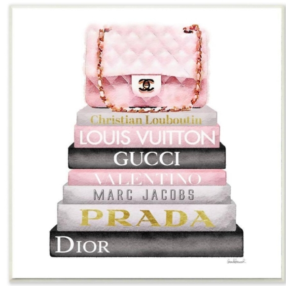 Stupell Other - High Fashion Bookstack w/Padded Pink Bag, 24x24" Canvas